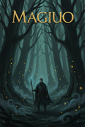 Magiuio fantasy book cover - a man lost in a dark mysterious forest
