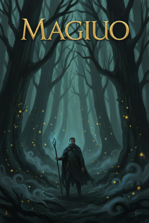 Magiuio fantasy book cover - a man lost in a dark mysterious forest