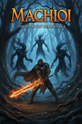 Machoi fantasy book cover - a warrior facing three enemies in a dark forest