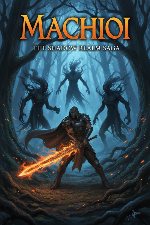 Machoi fantasy book cover - a warrior facing three enemies in a dark forest